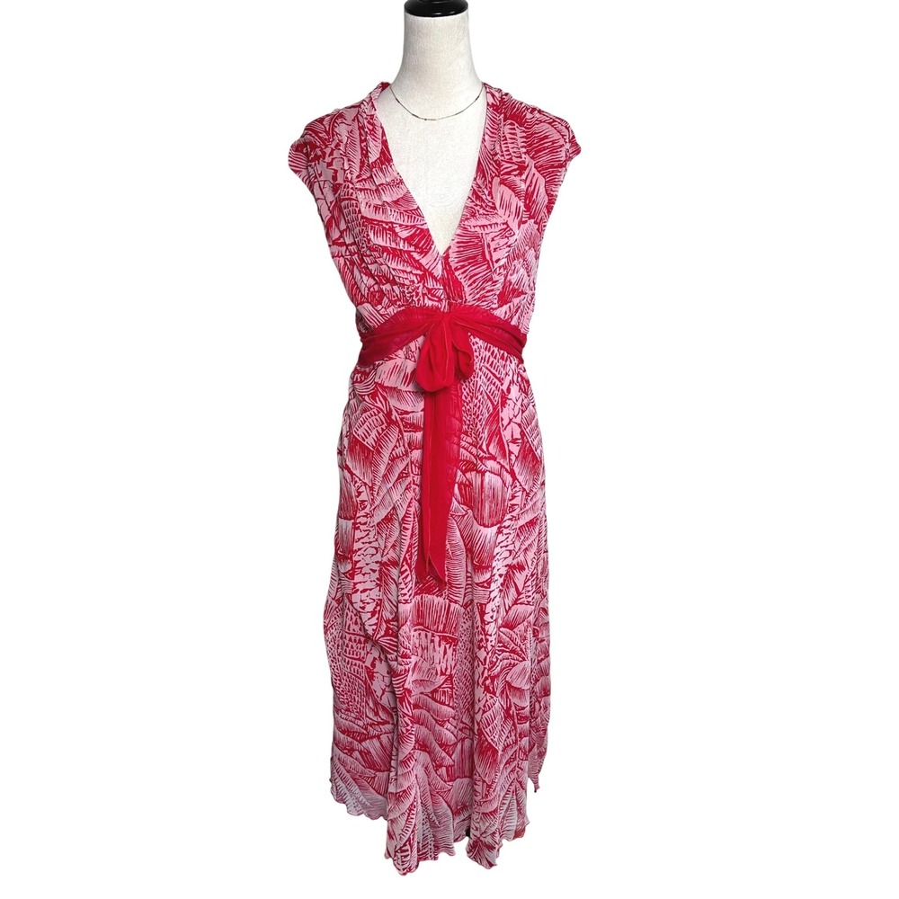 Jonathan Martin Red Silk Tropical Palm Print Resortwear Vacation Midi Dress 16